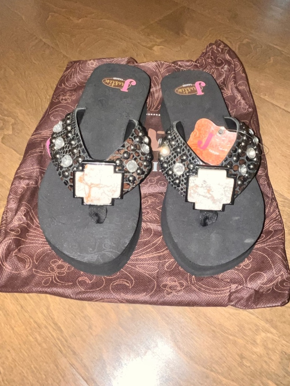 Justin Ladies Womens Size 6 Black Bling / Jeweled 3" Platform Wedge Sandals New